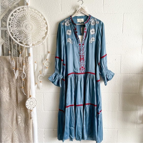 Free People Dresses & Skirts - NWT Free People X Carolina K Dom Dress, Blue Satin Embroidered Dress